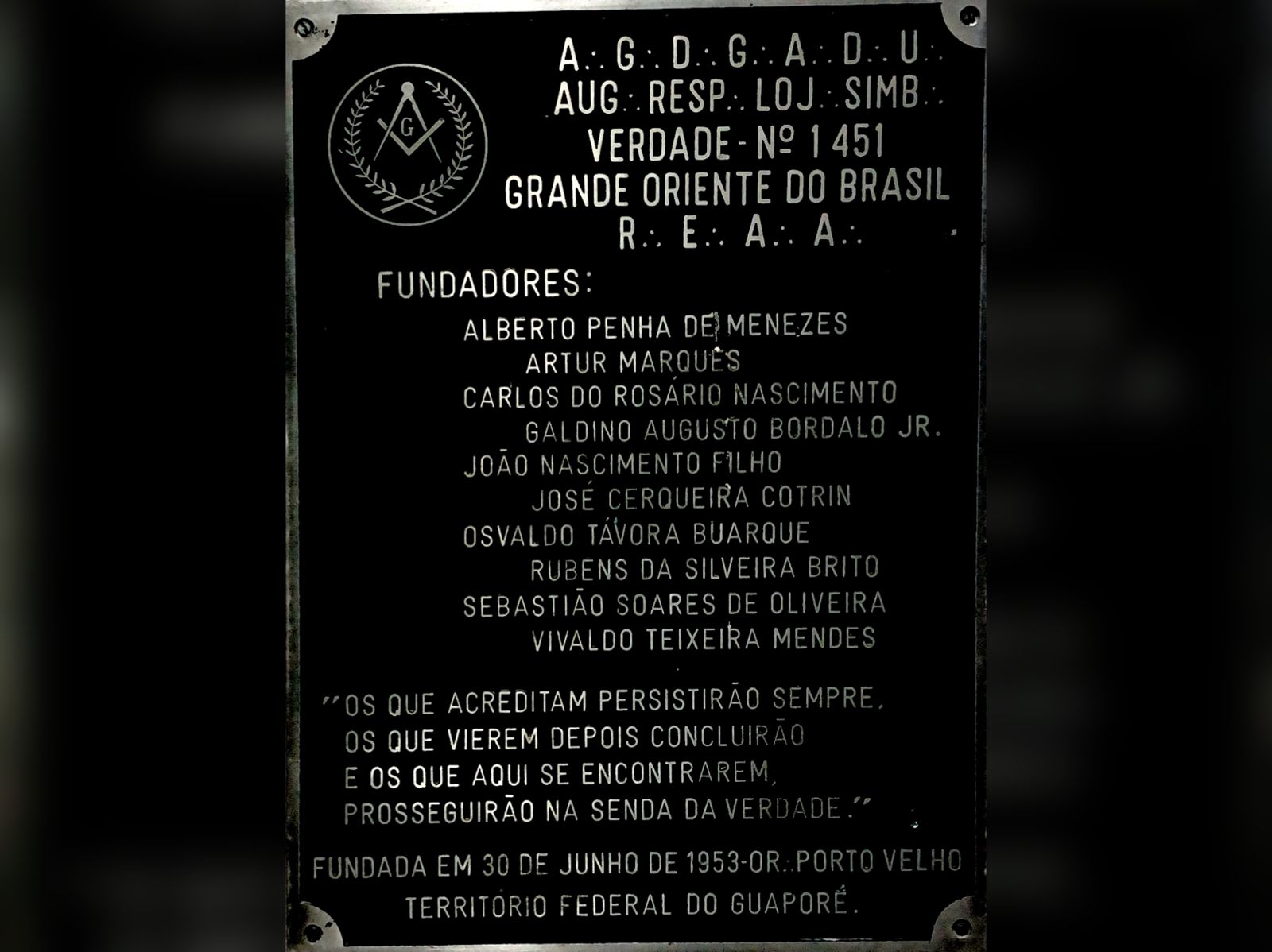 Placa de fundação da Loja Verdade nº 1451, 1953